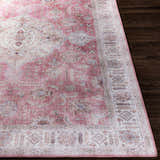 Close-up of the Bergman Distressed Red Area Rug showing its blush, cream, and red oriental pattern and distressed texture. Front