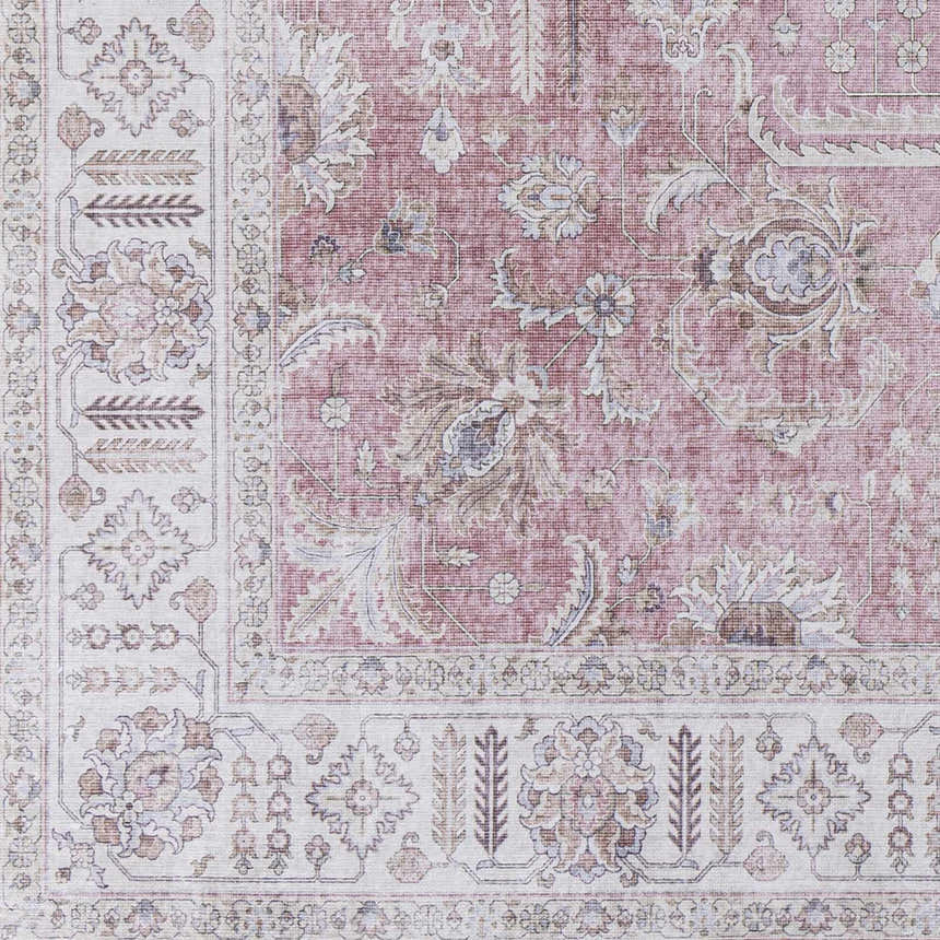 Close-up of the Bergman Distressed Red Area Rug, showcasing its blush, cream, and mauve floral pattern and traditional design. Swatch