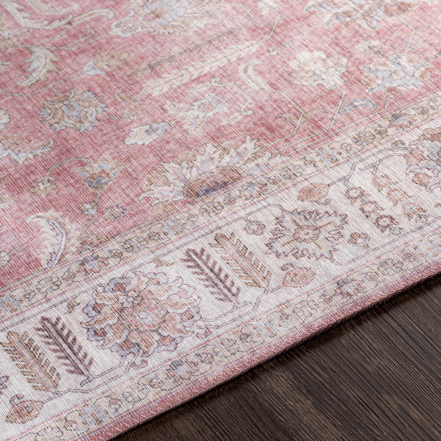 Close-up of the Bergman Distressed Red Area Rug showing its blush, cream, and mauve traditional floral pattern and border detail. Texture
