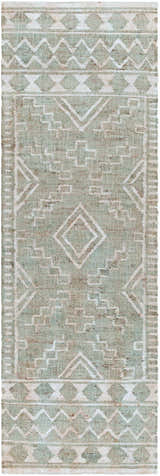 Close-up of Berowra Jute Rug. Hand-woven runner rug with dusty sage and ivory geometric pattern. Bohemian style. Design-Runner-268