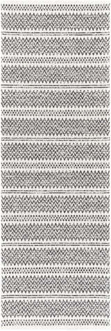 Close-up of Bewbush Washable Area Rug. Black and cream cotton rug with a bohemian-inspired geometric pattern. Design-Runner-2773