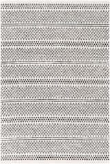 Close-up of Bewbush Washable Area Rug. Black and cream cotton rug with a bohemian-inspired zigzag and dotted pattern. Design-Rectangle-5373