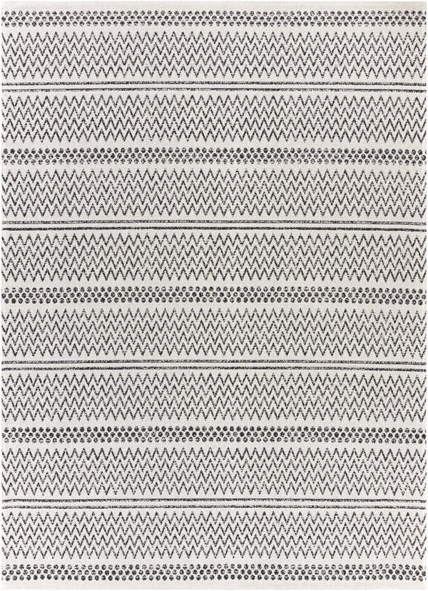 Close-up of Bewbush Washable Area Rug. Black zigzags and dots pattern on cream cotton. Bohemian farmhouse style. Design-Rectangle-710102