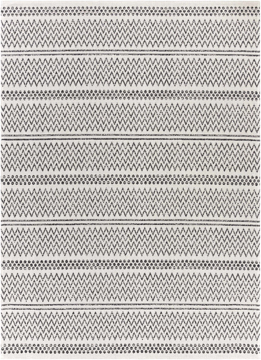 Close-up of Bewbush Washable Area Rug. Black zigzags and dots pattern on cream cotton. Bohemian farmhouse style. Design-Rectangle-710102