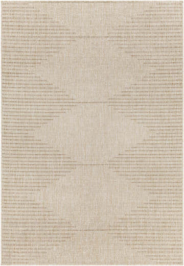 Close-up of the Stephan Beige Outdoor Rug showing a textured weave with subtle horizontal stripes. Neutral tones. Design-Rectangle-5377