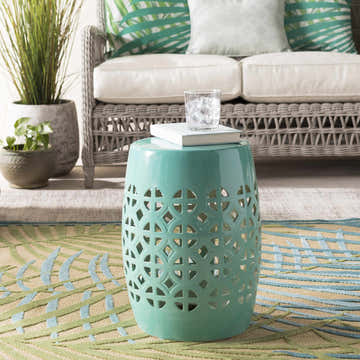 Blue Teal Geometric Ceramic Outdoor Stool