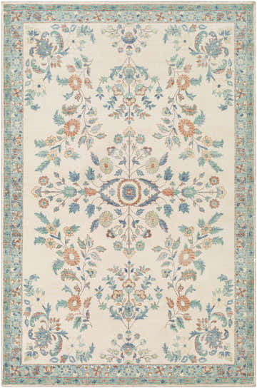 Close-up of the Bilsdale Area Rug. Bohemian style rug with a floral pattern in blue, burnt orange, cream, and sage. Design-Rectangle-576