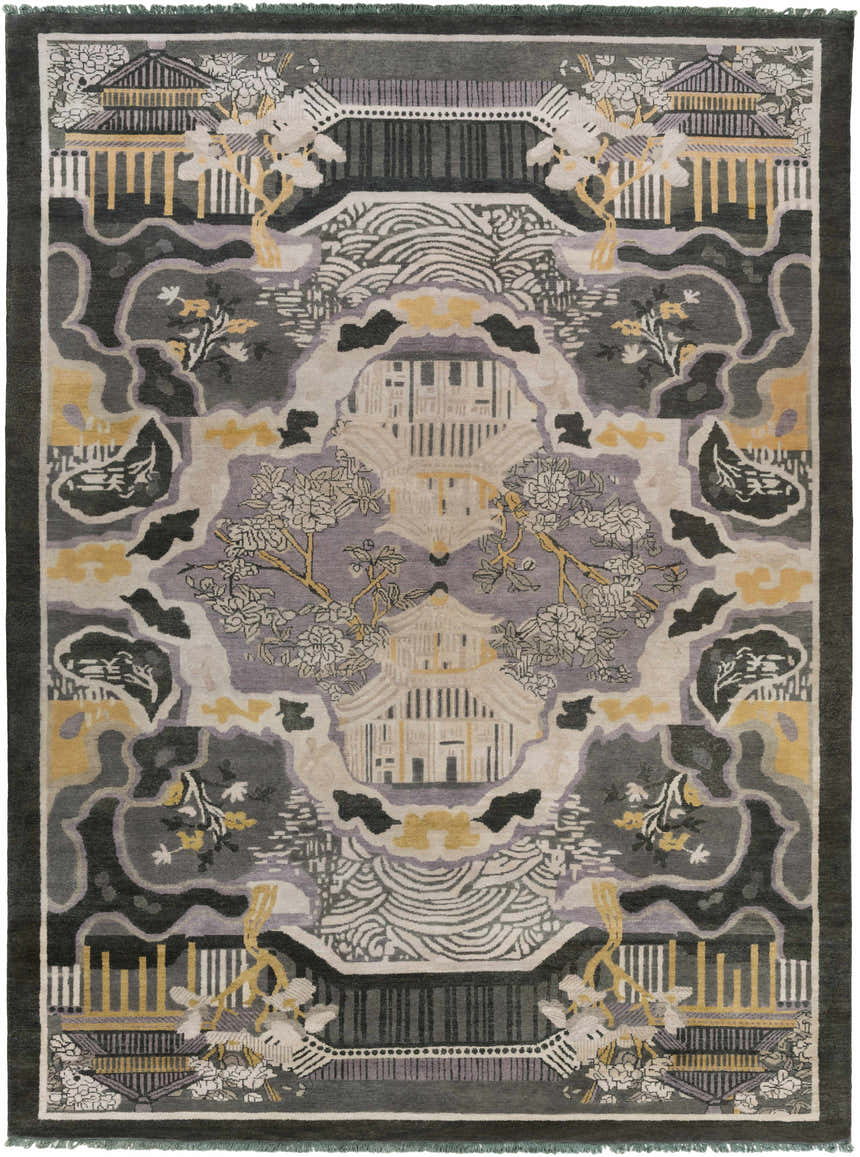 Detailed Binger Premium Area Rug featuring a vintage Japanese garden design in dark green, ivory, gray, and tan. Design-Rectangle-811
