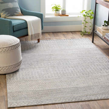 Living room scene with gray Bingham Area Rug, teal chair, ottoman, and plants. Roomscene-Rectangle