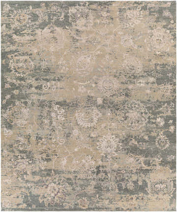 Close-up of the Binonga Area Rug: a hand-knotted wool rug with a traditional floral pattern in charcoal, beige, and gray tones. Design-Rectangle-810