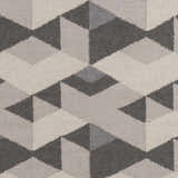 Close-up of the Birchleaf Area Carpet showing a geometric pattern in charcoal, gray, ivory, and light slate. Hand woven wool texture. Swatch