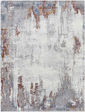 Close-up of Bitton Faux Silk Rug. Abstract design in brick red, charcoal, gray, lavender, and off-white hues. Design-Rectangle-710103