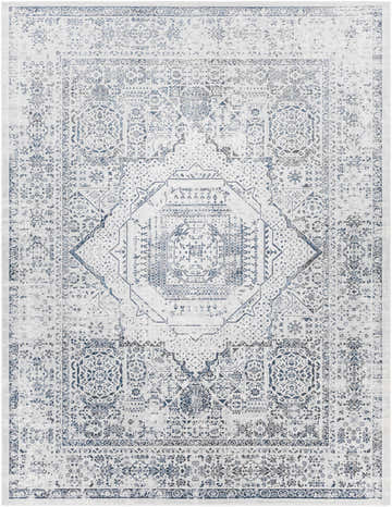 Detailed Blantyre Faux Silk Rug in off white and navy. Traditional oriental rug with bohemian floral and geometric patterns. Design-Rectangle-71010