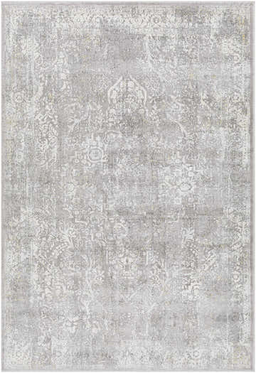 Close-up of the Blean Area Rug: charcoal, cream, and gray tones with a traditional, distressed floral pattern. Design-Rectangle-573