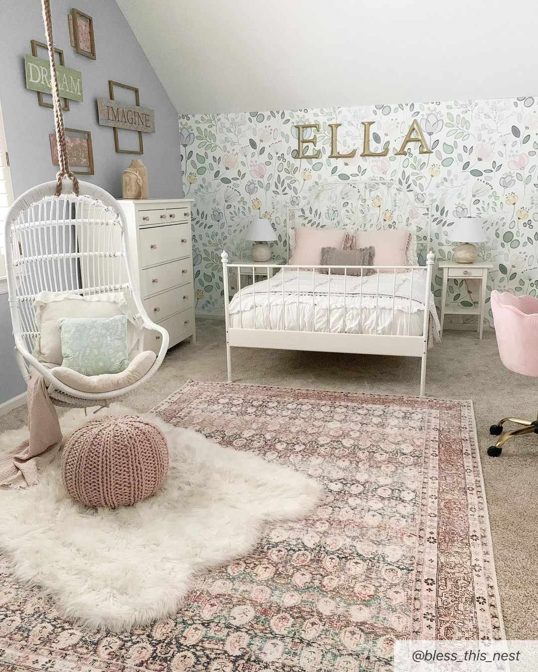 Kids bedroom scene with a Maligaya Distressed Washable Rug in bone, gray, and nutmeg tones. Farmhouse style. Roomscene-Rectangle