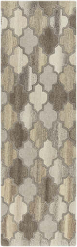 Close-up of the Bluffdale rug, a hand-tufted wool rug with a geometric lattice pattern in beige, brown, and gray tones. Design-Runner-268