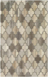 Close-up of the Bluffdale Area Rug featuring a quatrefoil pattern in black, brown, beige, tan, and gray tones. Design-Rectangle-58