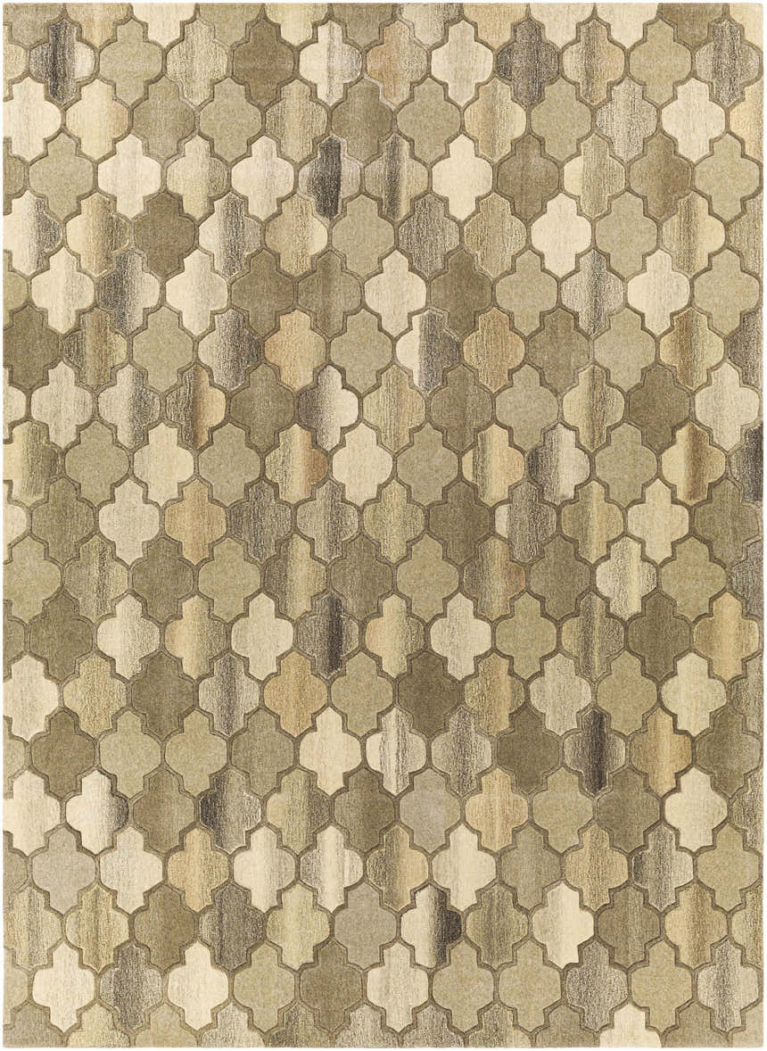 Close-up of the Bluffdale Area Rug featuring a quatrefoil pattern in beige, brown, and charcoal hues. Design-Rectangle-811