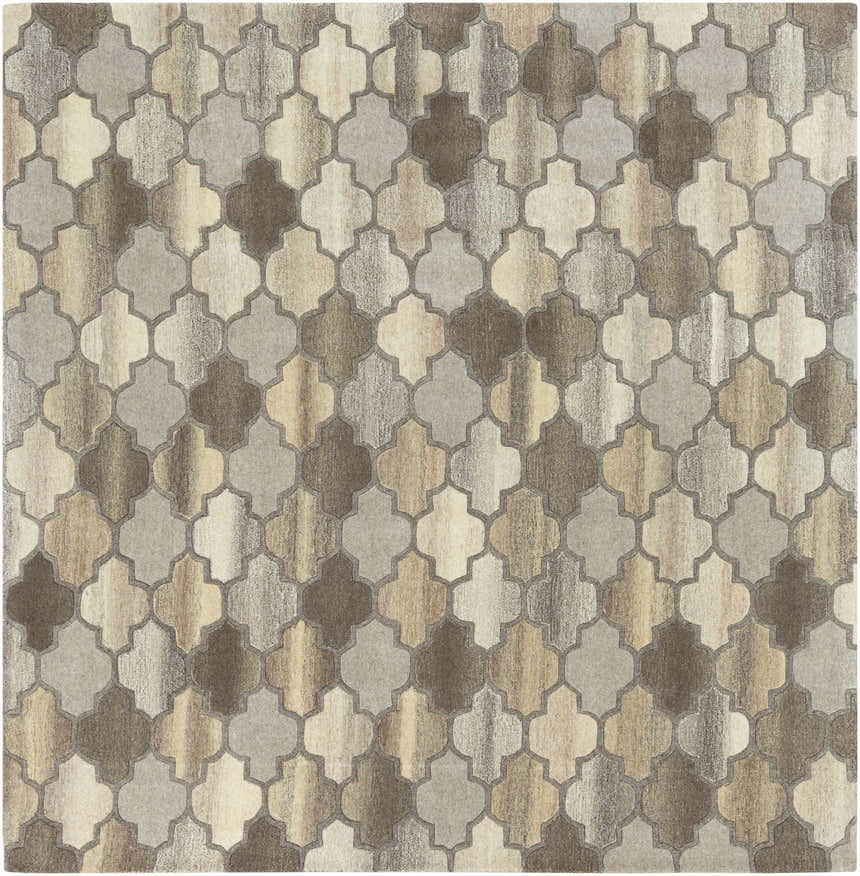 Close-up of the Bluffdale rug. Geometric pattern in taupe, beige, brown and charcoal tones. Hand-tufted wool texture. Design-Square-8
