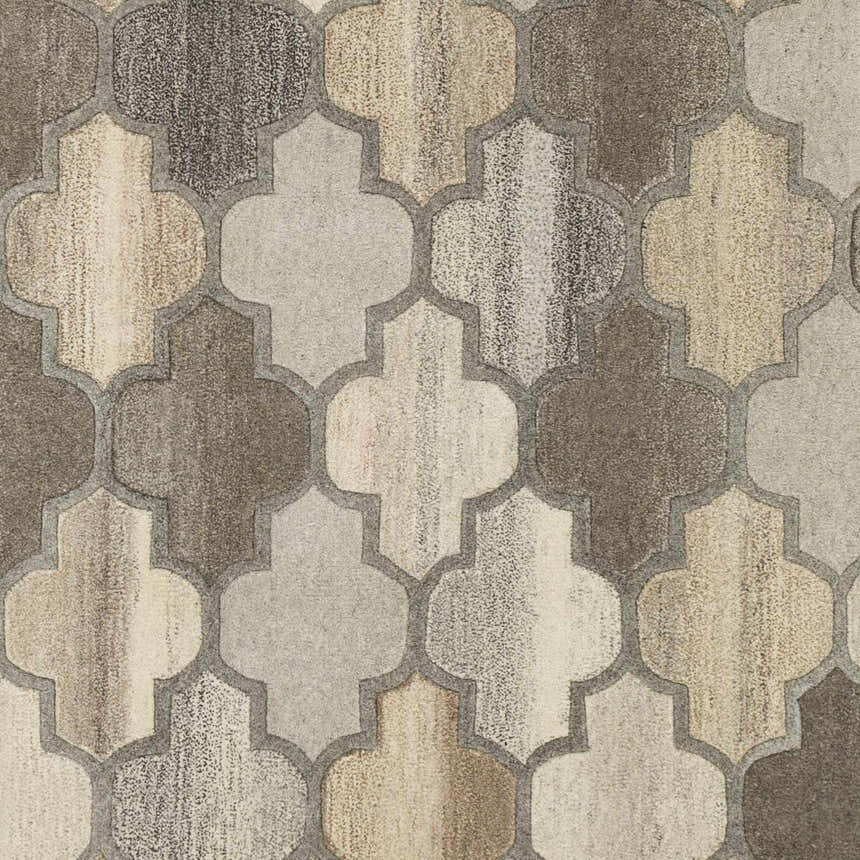 Close-up of the Bluffdale Area Rug. Geometric quatrefoil pattern in shades of beige, brown, charcoal, and taupe. Hand-tufted wool texture. Swatch