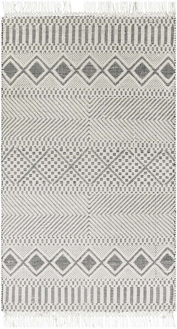 Close-up of the hand woven Blakeview Wool Rug. Black and cream geometric pattern with fringe. Design-Rectangle-576