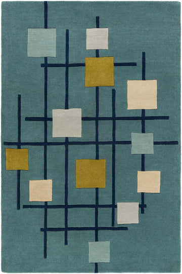 Close-up of the Bellvue Modern Hand Tufted Wool Rug. Features a geometric pattern in dark blue, light beige, sage, and mustard tones. Design-Rectangle-58