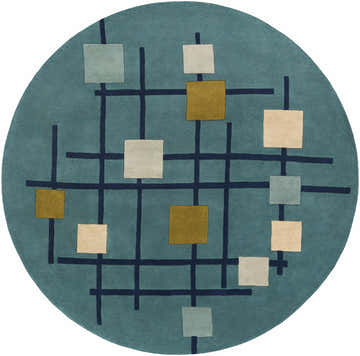 Close-up of round Bellvue Modern rug. Hand-tufted wool rug in dark blue with a geometric pattern of beige, gray, and mustard squares. Design-Round-8