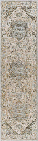 Close-up of the Ballisodare Thick Luxe Boutique Rug. Beige rug with traditional oriental pattern in charcoal, sage, and taupe. Design-Runner-2710