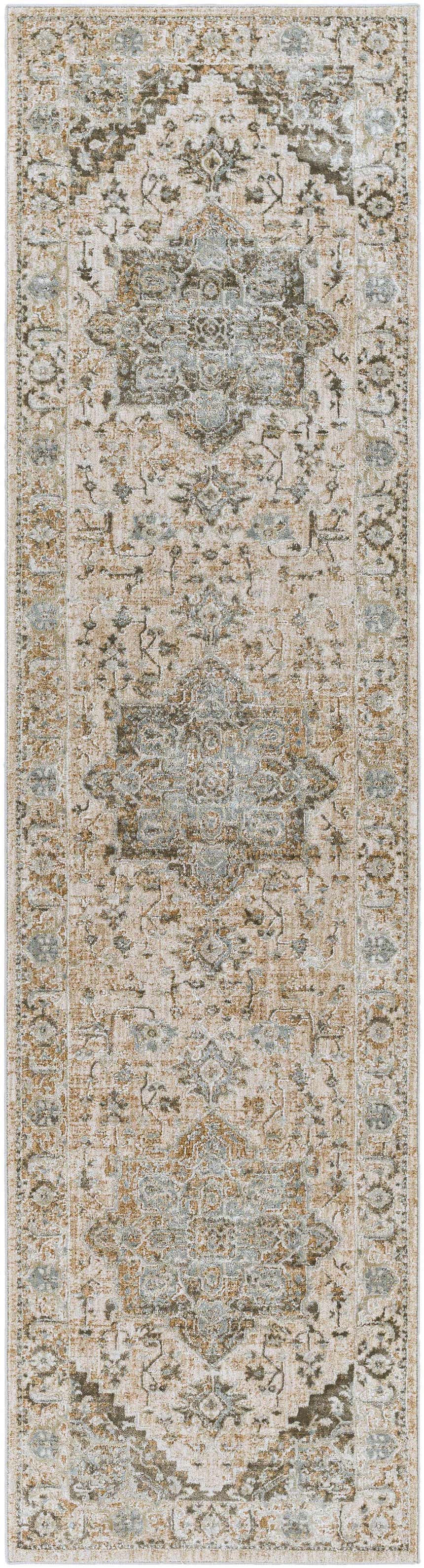 Close-up of the Ballisodare Thick Luxe Boutique Rug. Beige rug with traditional oriental pattern in charcoal, sage, and taupe. Design-Runner-2710