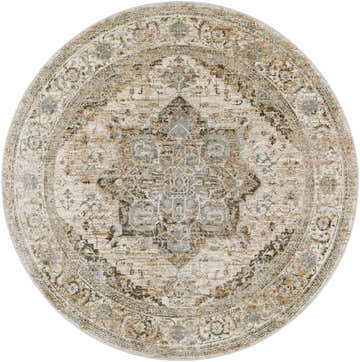 Close-up of a round Ballisodare Thick Luxe Boutique Rug with a traditional oriental pattern in beige, taupe, and light gray. Design-Round-53