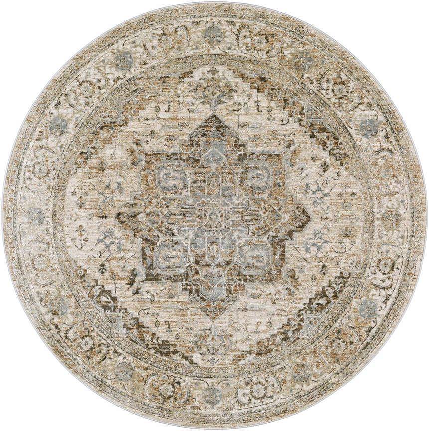 Close-up of a round Ballisodare Thick Luxe Boutique Rug with a traditional oriental pattern in beige, taupe, and light gray. Design-Round-53