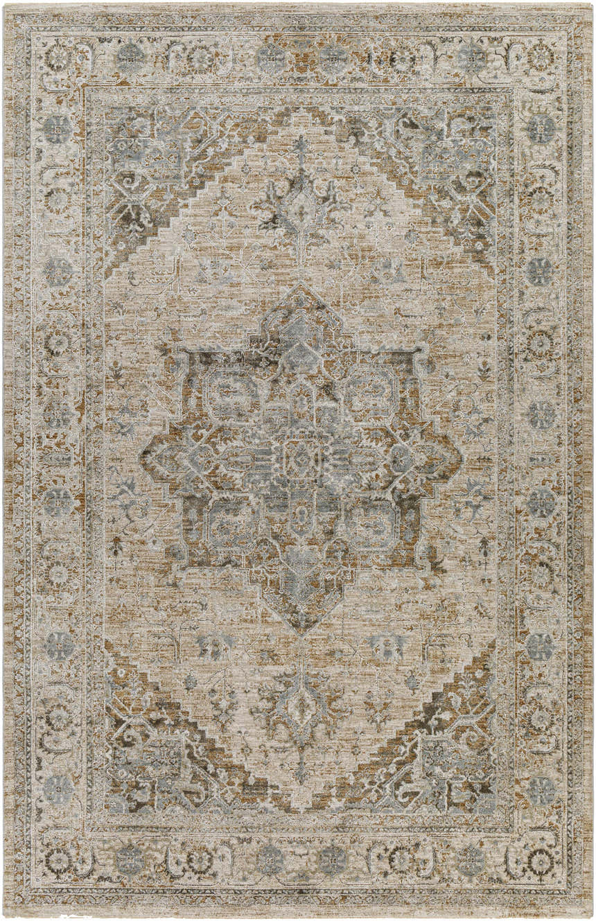 Close-up of the Ballisodare Thick Luxe Boutique Rug, showcasing its beige, gray, and brown traditional oriental pattern. Design-Rectangle-6796