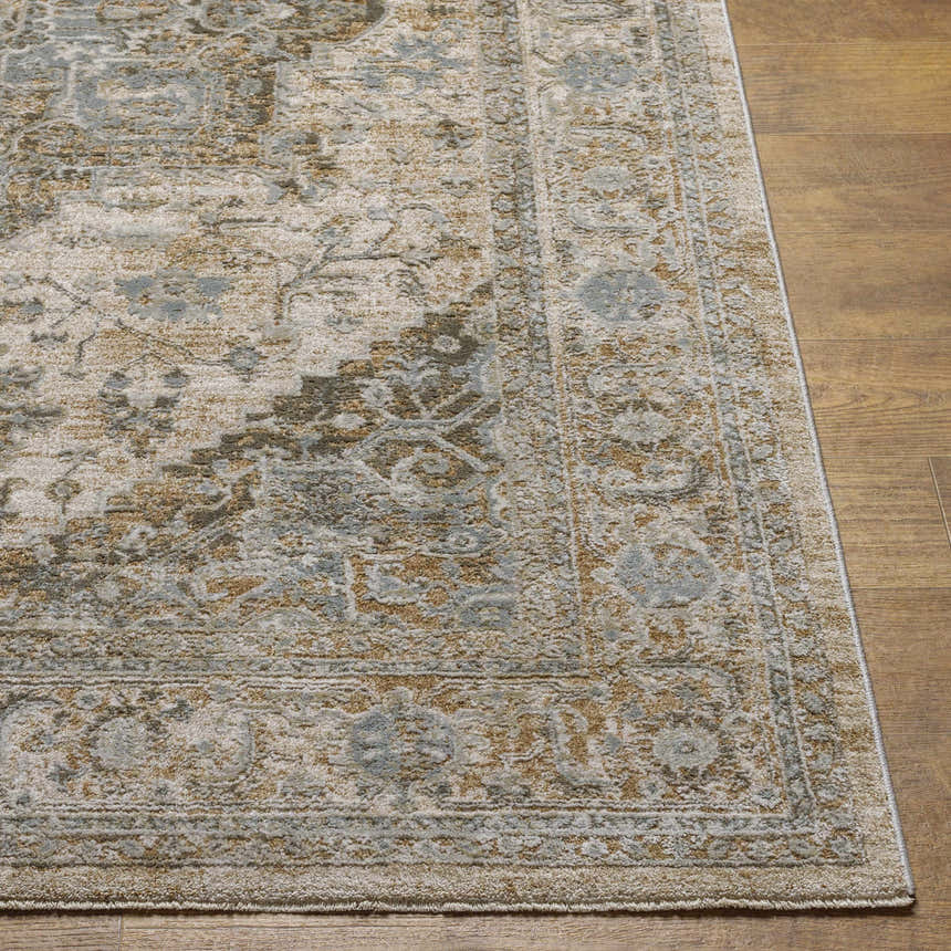 Close-up of the Ballisodare Thick Luxe Boutique Rug showing its beige, taupe, and teal traditional pattern. Front