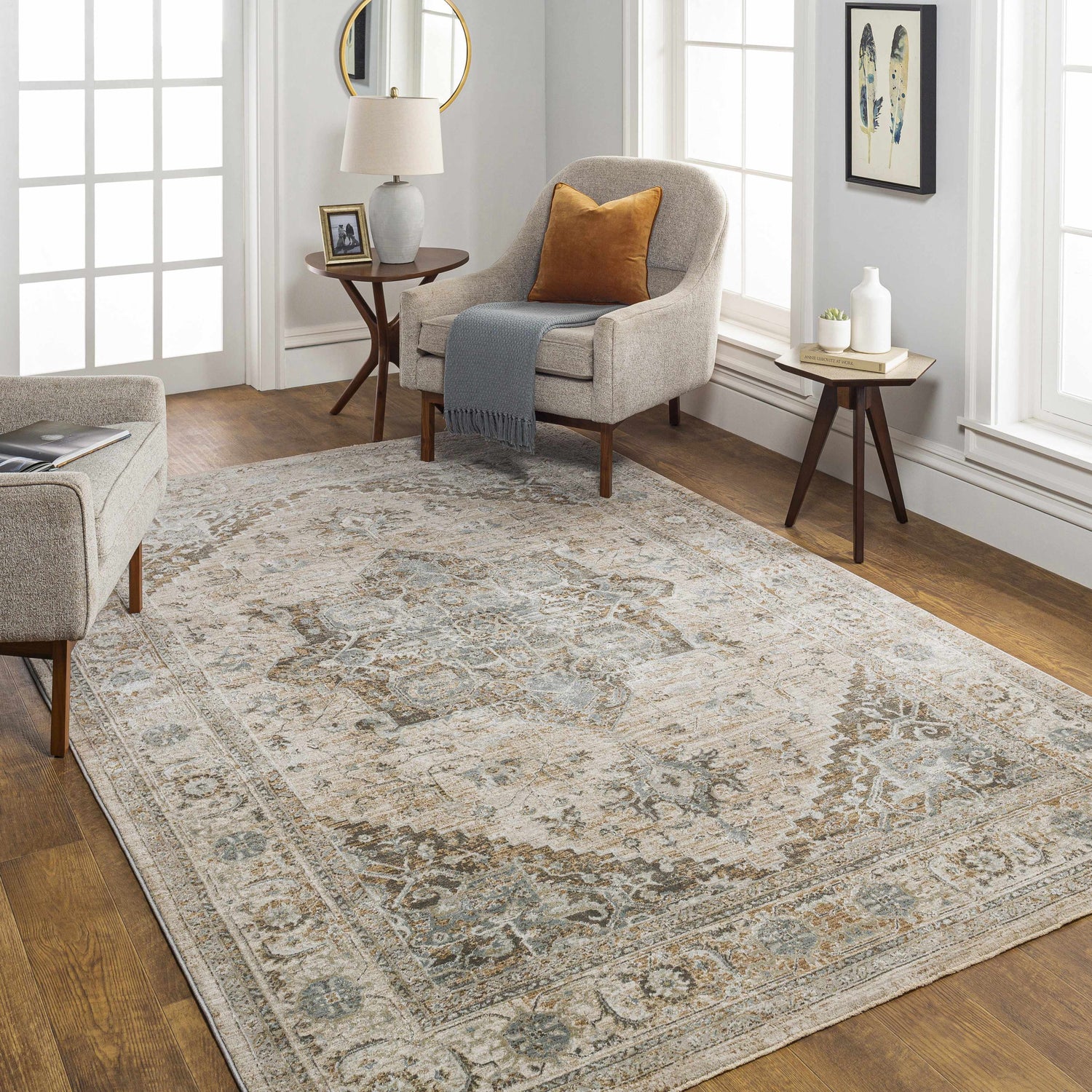 Living room with the Ballisodare Thick Luxe Boutique Rug in beige, sage, and charcoal. Traditional rug with armchairs. Roomscene-Rectangle