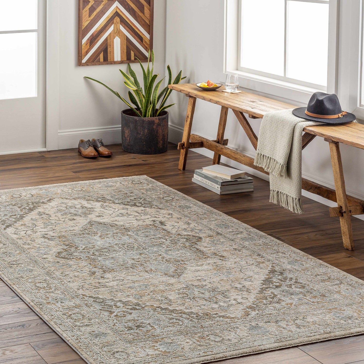 Entryway with Ballisodare Thick Luxe Boutique Rug in beige, sage, and charcoal. Rustic bench, wood floors, and natural light. Roomscene-Rectangle