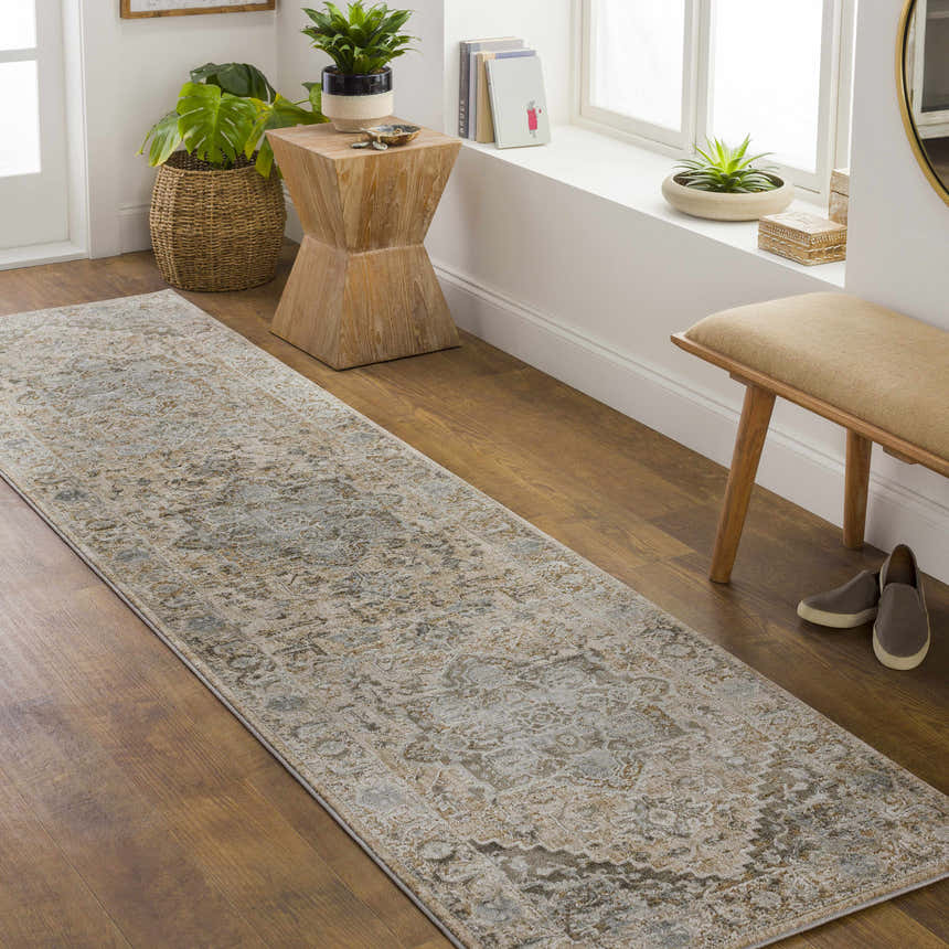 Hallway with Ballisodare Thick Luxe Boutique Rug runner, wood floors, bench, plants, and natural light. Roomscene-Runner