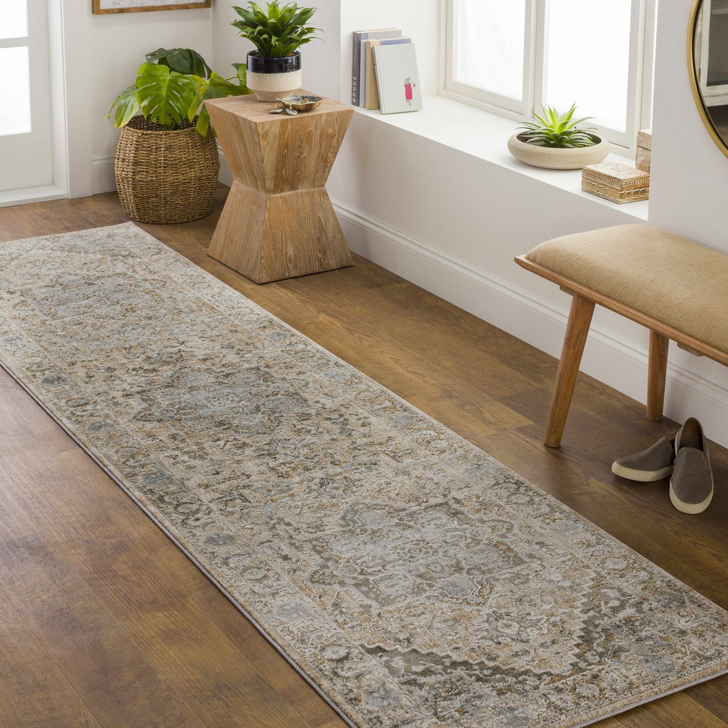 Hallway with Ballisodare Thick Luxe Boutique Rug runner, wood floors, bench, plants, and natural light. Roomscene-Runner