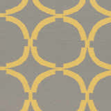 Close-up of the Bloomer Area Rug. Gray wool rug with a mustard geometric chain-link pattern. Swatch