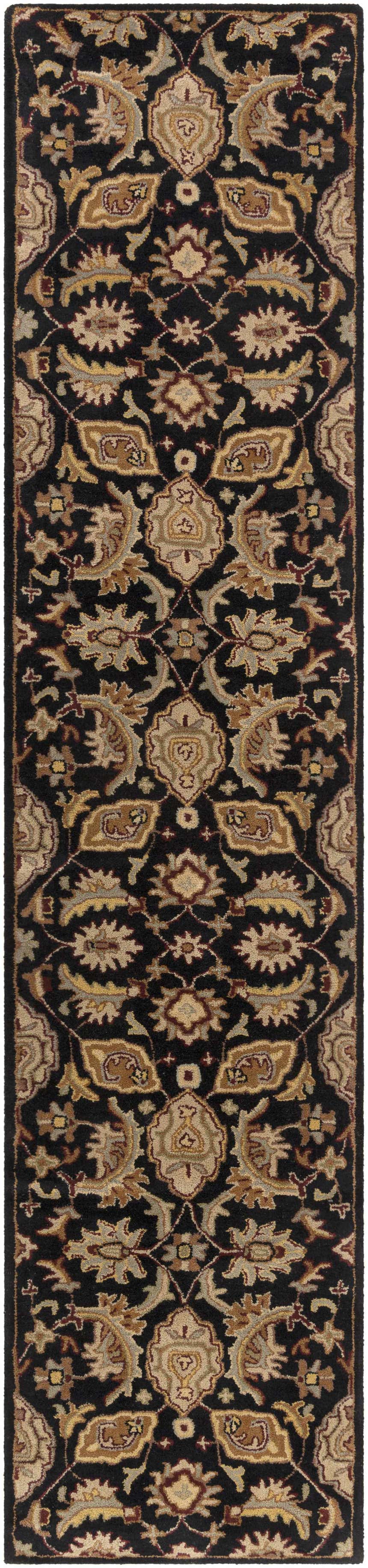 Close-up of the Blomkest Black&Yellow Traditional Wool Carpet, featuring a detailed Persian-inspired floral pattern. Design-Runner-310