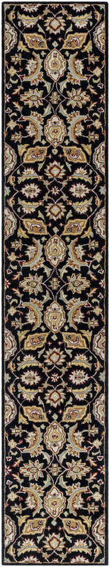 Close-up of Blomkest Black&Yellow Traditional Wool Carpet featuring a Persian-inspired floral pattern. Beige, burgundy, and sage accents. Design-Runner-2312