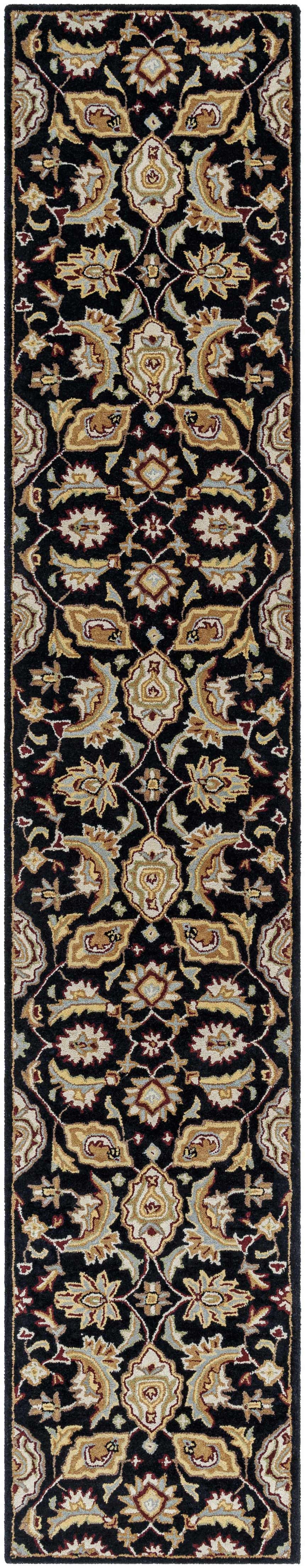 Close-up of Blomkest Black&Yellow Traditional Wool Carpet featuring a Persian-inspired floral pattern. Beige, burgundy, and sage accents. Design-Runner-2312