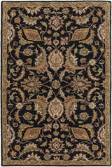 Close-up of the Blomkest Black&Yellow Traditional Wool Carpet. Features a floral Persian design in beige, gold, and burgundy on black. Design-Rectangle-576