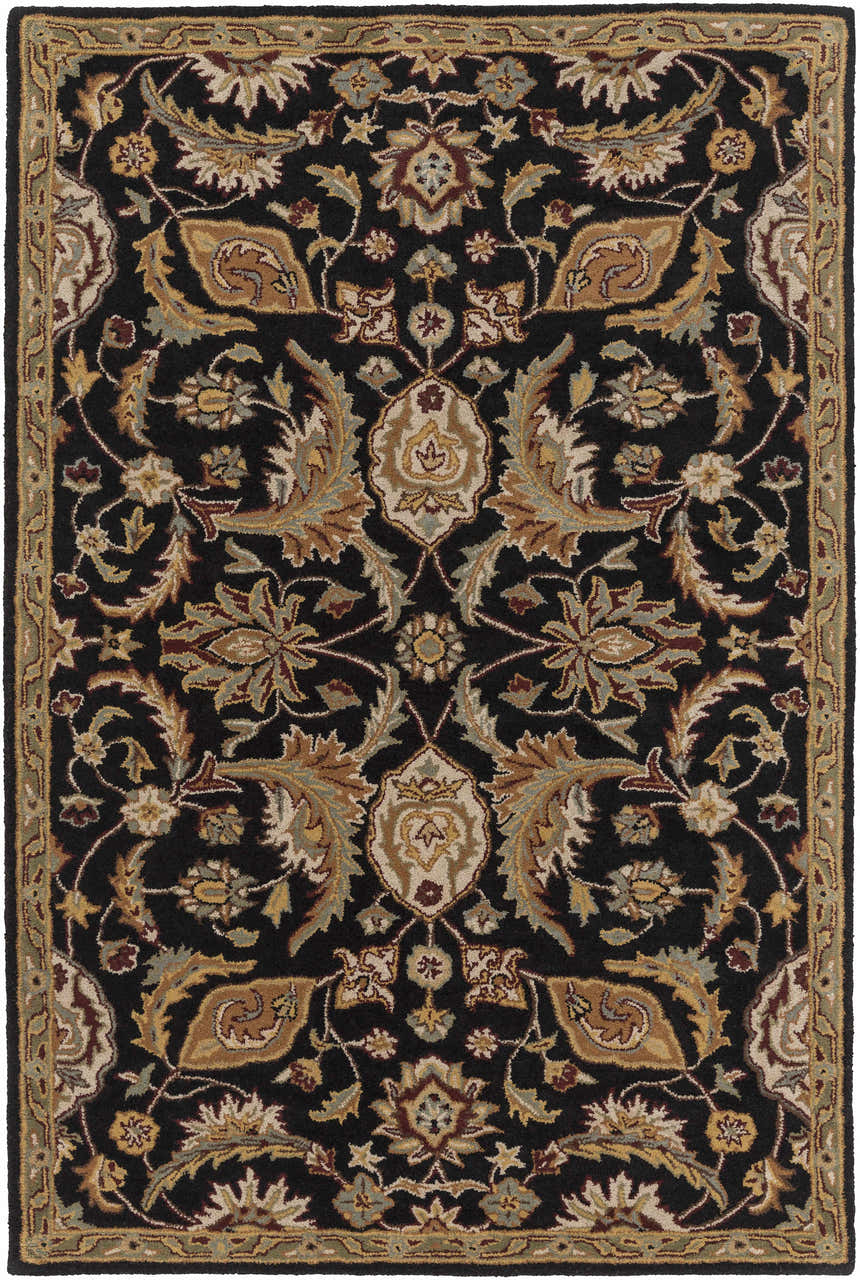 Close-up of the Blomkest Black&Yellow Traditional Wool Carpet. Features a floral Persian design in beige, gold, and burgundy on black. Design-Rectangle-576