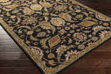Close-up of a Blomkest Black&Yellow Traditional Wool Carpet, featuring a floral pattern in beige, gold, and burgundy. Corner