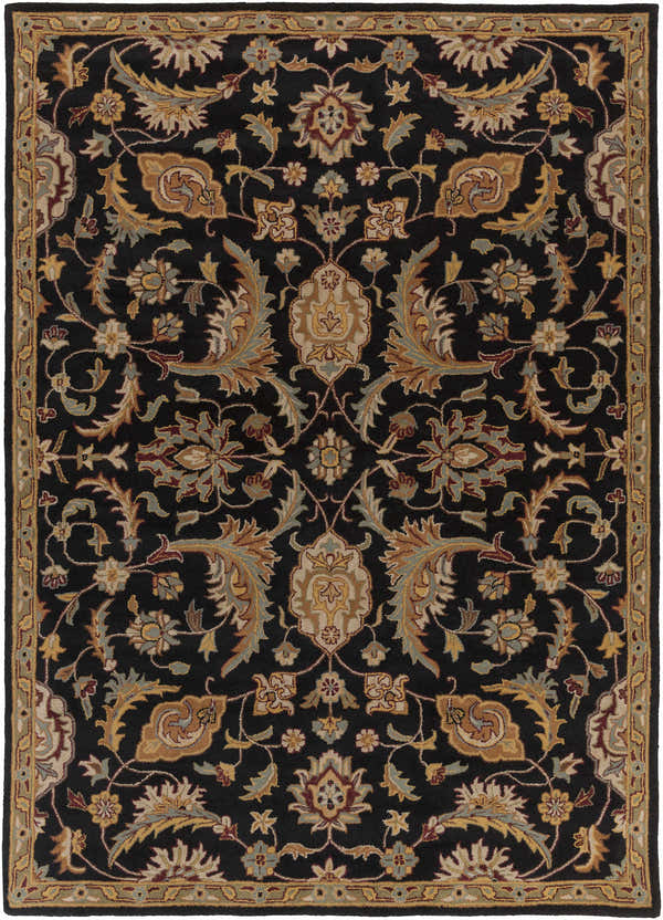 Close-up of the Blomkest Black&Yellow Traditional Wool Carpet featuring a floral Persian pattern on a black background. Design-Rectangle-811