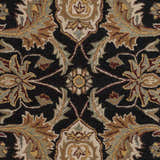 Close-up of the Blomkest Black&Yellow Traditional Wool Carpet showing floral and leaf pattern in beige, brown, and sage on black. Swatch