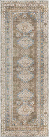 Close-up of the Baltinglass Flat Pile Washable Rug. Oriental design in blue, cream, and beige tones. Farmhouse style rug. Design-Runner-2710