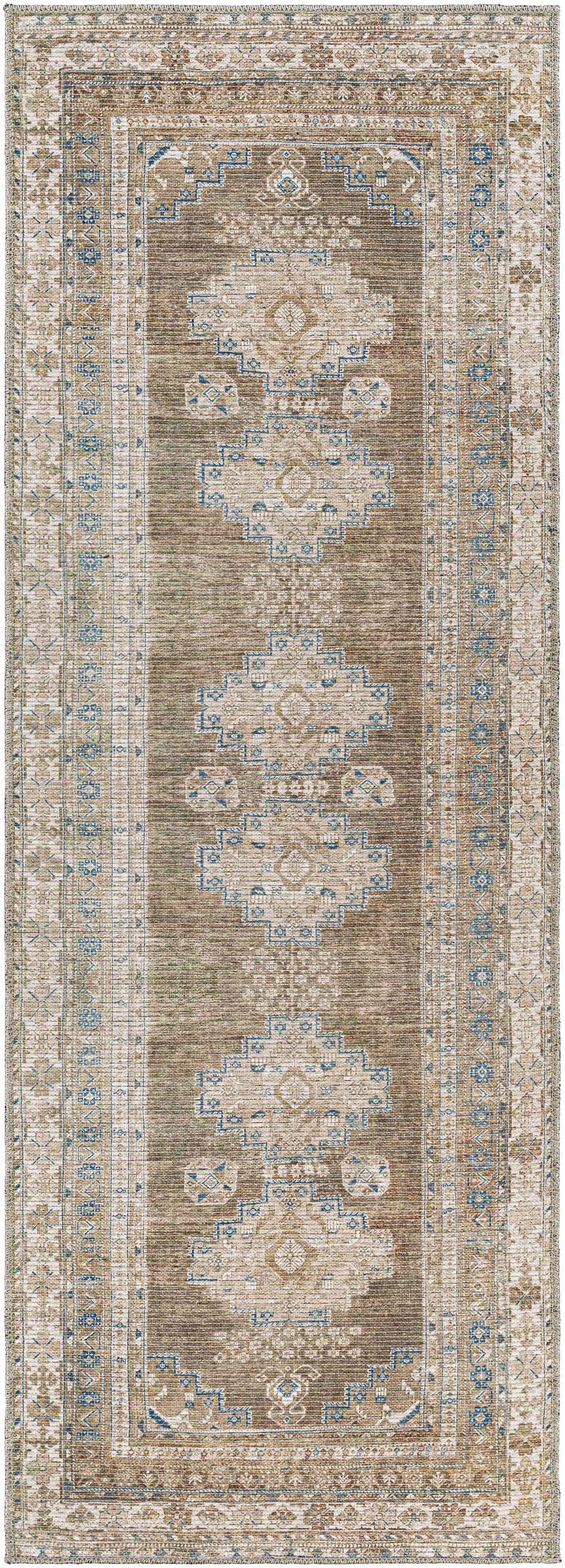 Close-up of the Baltinglass Flat Pile Washable Rug. Oriental design in blue, cream, and beige tones. Farmhouse style rug. Design-Runner-2710