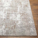 Close-up of Binabaan Abstract Area Rug. Neutral tones: ivory, gray, tan. Contemporary style, machine woven texture. Front