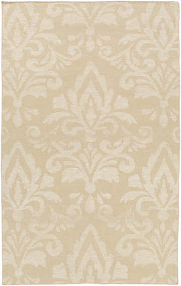 Close-up of the Bond Area Carpet. Hand-woven wool rug in beige and cream with a traditional damask pattern. Design-Rectangle-576